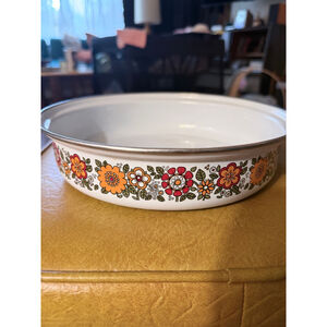 Vintage 1970s Floral Enamel Frying Pan Retro Orange Daisy Kitchen Skillet